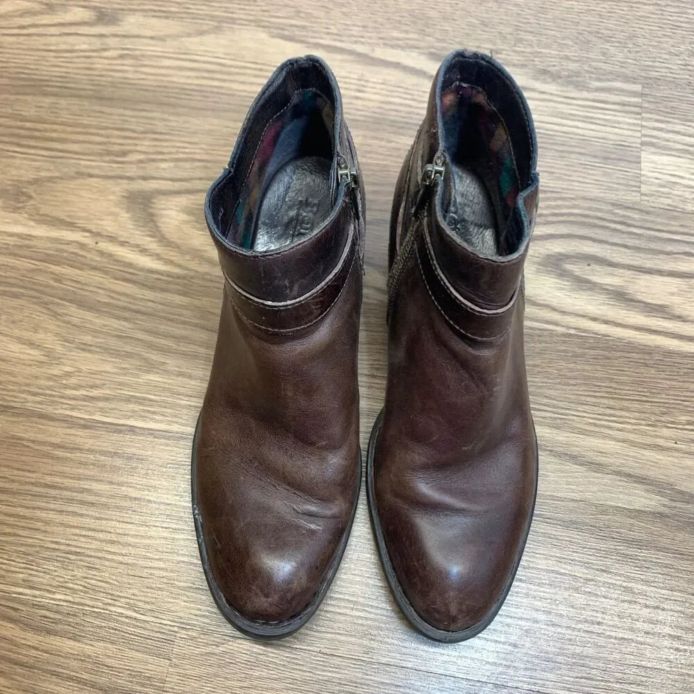 Born Shoes Womens 8M Booties Leather Casual Fashion‎ Adia Moto Brown Block Heel